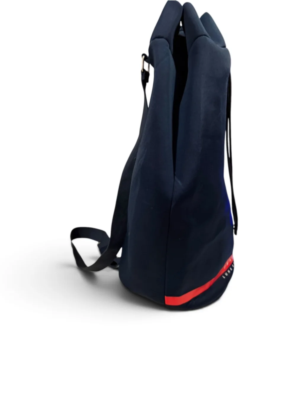 Prada Luna Rossa Navy Blue Drawstring Sling Backpack Shoulder Bag Red Logo